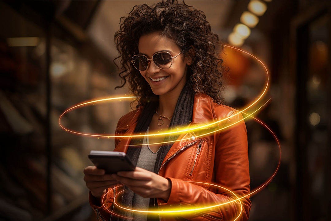 Esta é uma imagem realista de uma mulher com cabelos cacheados vestindo uma jaqueta laranja e segurando um telefone. O rosto da mulher está desfocado com um quadrado marrom. O fundo consiste em um corredor pouco iluminado com um corrimão de metal e uma janela de vidro. A mulher está cercada por um rastro de luz amarelo-laranja que se enrola ao redor dela.