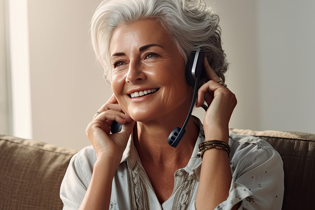 Esta é uma imagem realista de uma pessoa segurando um telefone no ouvido. O rosto da pessoa é coberto por um quadrado bege. A pessoa está vestindo uma blusa branca com bolinhas pretas. A pessoa está sentada em um sofá bege com um travesseiro branco. O fundo consiste em uma parede branca e uma janela com cortinas brancas.